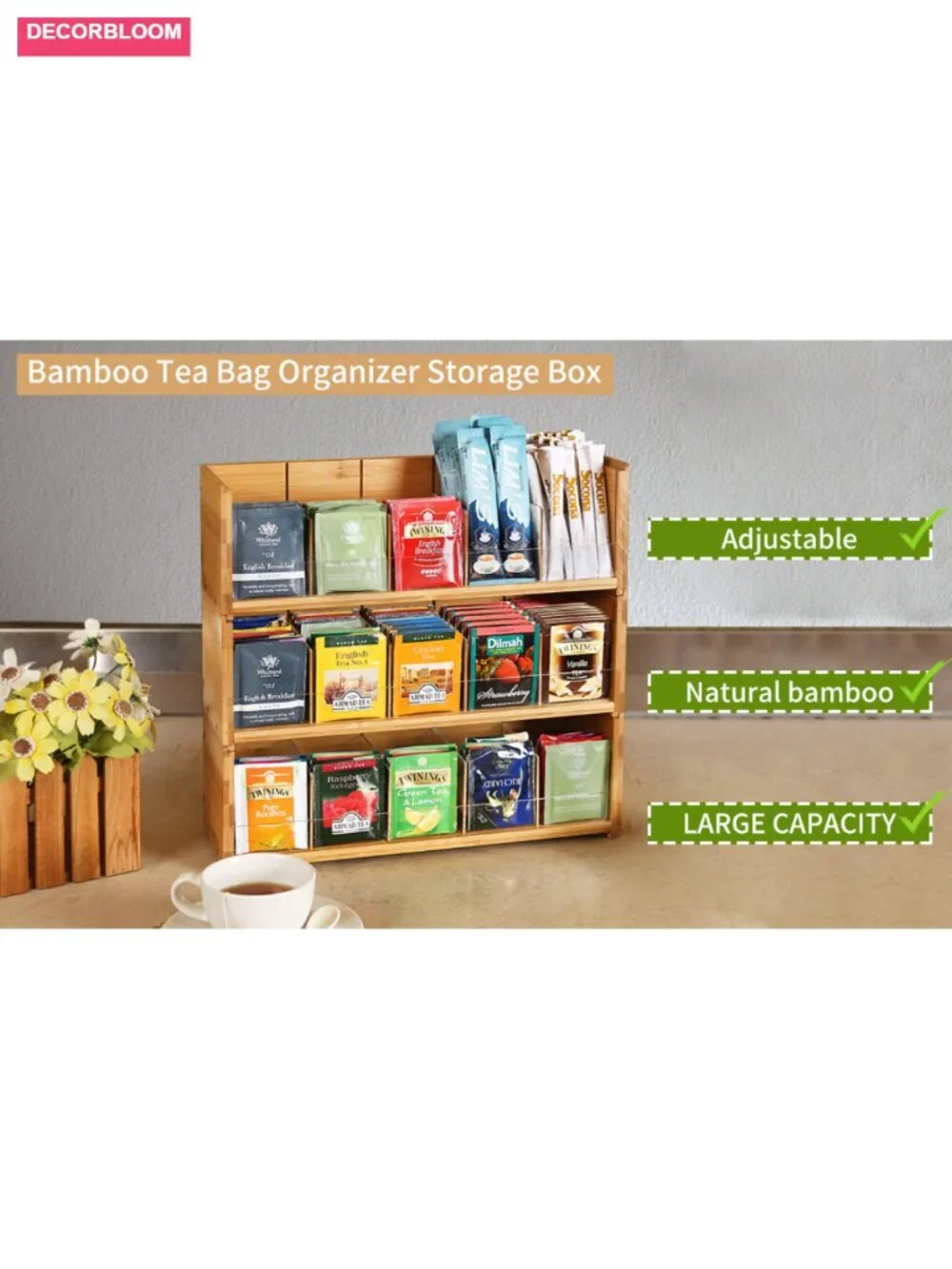 3-Tier Bamboo Tea Bag Organizer Storage Box, Stackable, Wall Mount